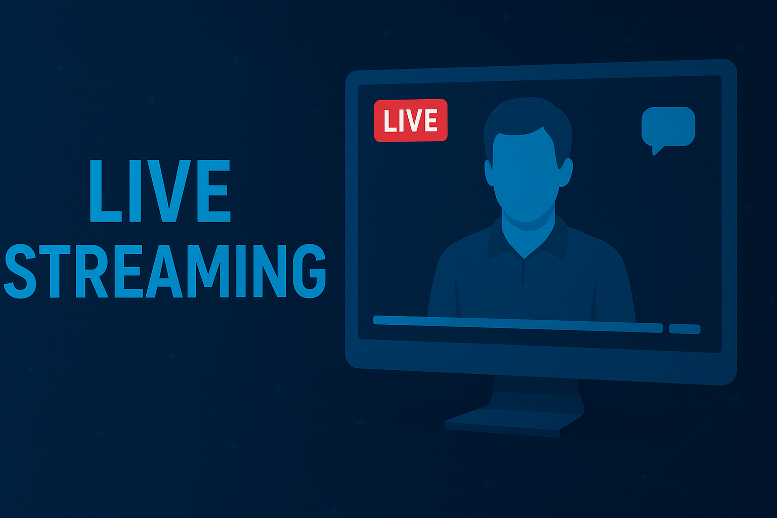 Live streaming illustration with presenter and 'LIVE' badge on screen