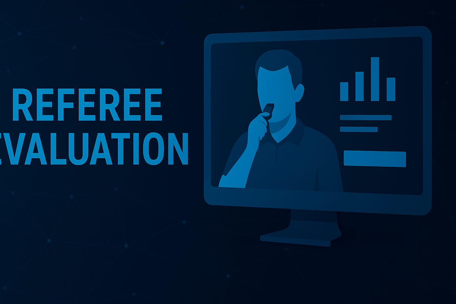 Referee evaluation illustration with charts and a referee on screen